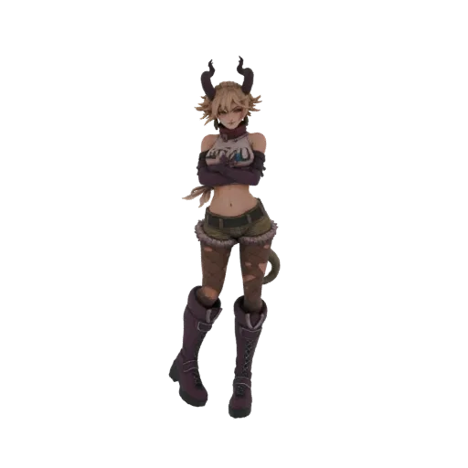 Ein 3D-Modell eines wilden Mädchens mit Rehkitzohren, trägt Crop-Top, distressed Shorts und Stiefel, selbstbewusste Pose.