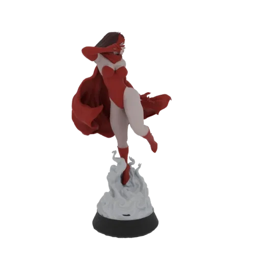 3D model of Scarlet Witch in a dynamic pose, wearing her red costume with a flowing cape, standing on a swirling energy base.