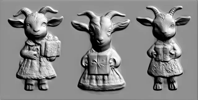 Modelo 3D de bajorrelieve "Cabra con regalo" en alta resolución, mostrando una figura detallada de animal con un regalo.