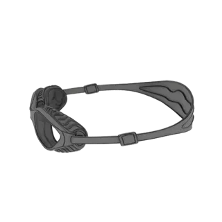 Modelo 3D de óculos futuristas com armação cinza escuro texturizada e tira ajustável.