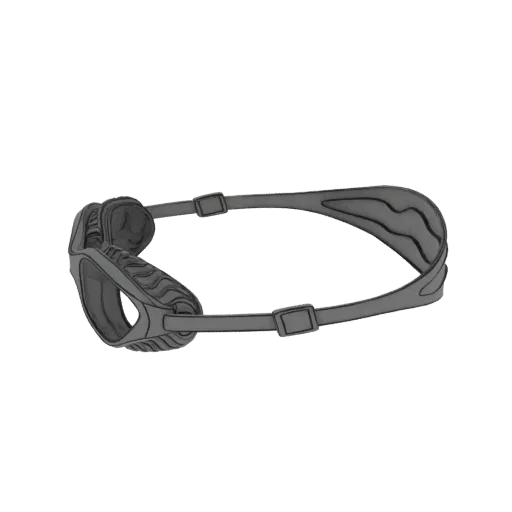 3D model of a futuristic goggle with a dark gray, textured frame and an adjustable strap.