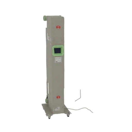 3D model of a tall, light-gray industrial control panel with a green-bezel digital display and wheels at the base, set agains