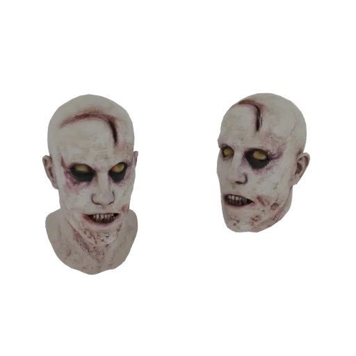 A 3D model of a terrifying zombie head with pale skin, sunken yellow eyes, and bared teeth, shown from two angles.