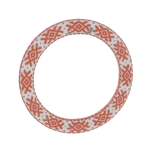 Modèle 3D d'un cadre circulaire avec un motif populaire rouge et blanc et un petit oiseau gris perché sur le bord.