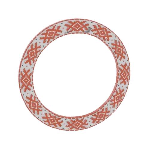 3D model of a circular frame with a red and white folk pattern and a small grey bird perched on the edge.