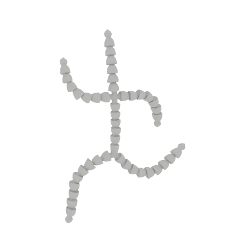 3D model of an abstract humanoid figure with segmented limbs in a dynamic, flowing pose, rendered in a light gray material ag