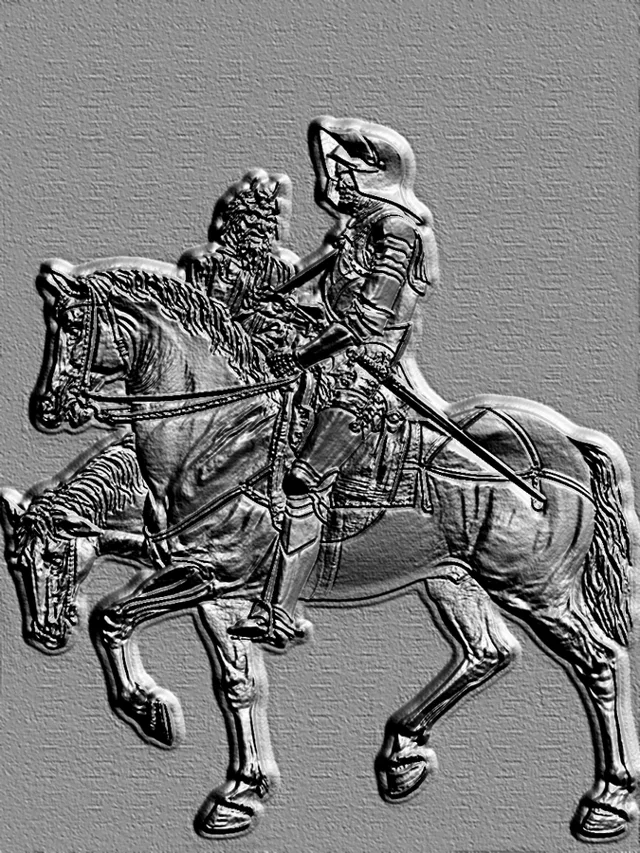 Modèle 3D d'un chevalier en armure à cheval, dans le style de la sculpture classique.