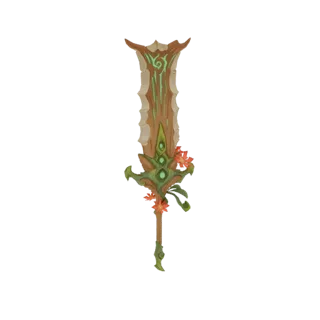 Modelo 3D de una espada grande de bosque encantado con veta de madera, runas verdes brillantes y hojas rojas de otoño.