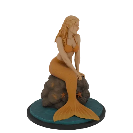 3D model of a blonde mermaid with a golden tail sitting on a textured rock with starfish, on a blue water base.