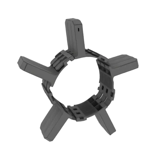 3D render of a gray, star-shaped geometric frame with intricate interlocking segments against a black background.