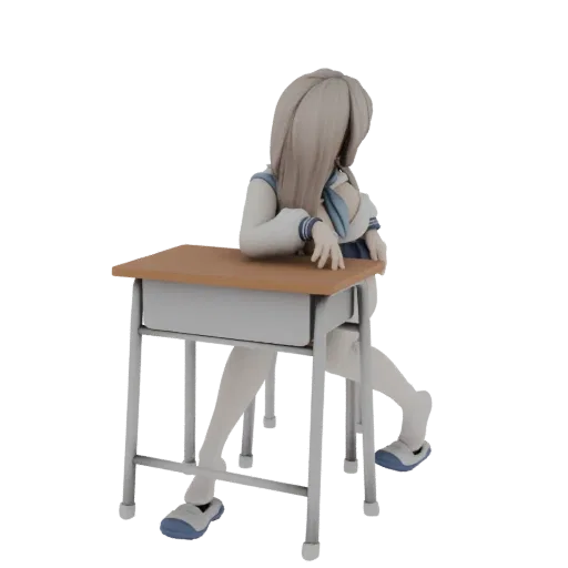 3D model of an anime schoolgirl with blonde hair, wearing a school uniform, leaning on a wooden desk with a drawer.