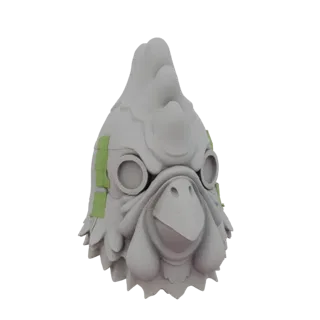 3D model of a stylized chicken head with large eyes and green tape accents, presented against a white background.