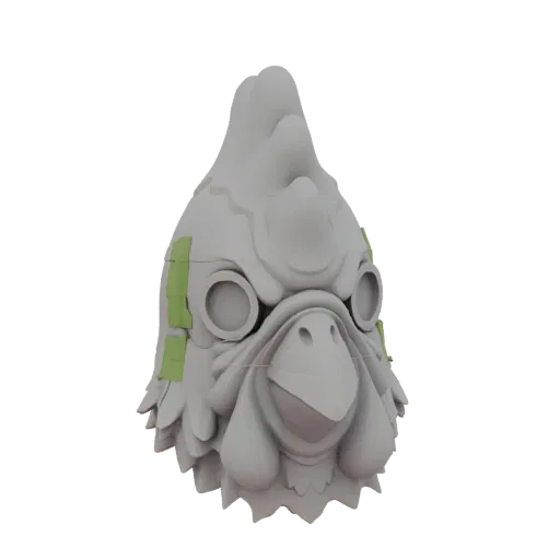 Modèle 3D de tête de poulet stylisée avec de grands yeux et des accents de ruban vert, présenté sur fond blanc.