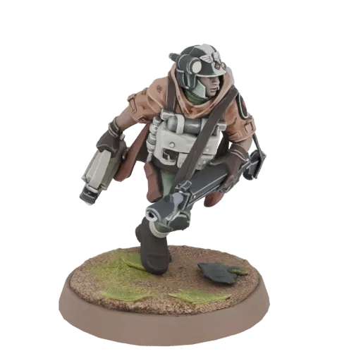 3D model of an Imperial Guard Trooper in a dynamic pose, holding a heavy weapon, on a textured base.
