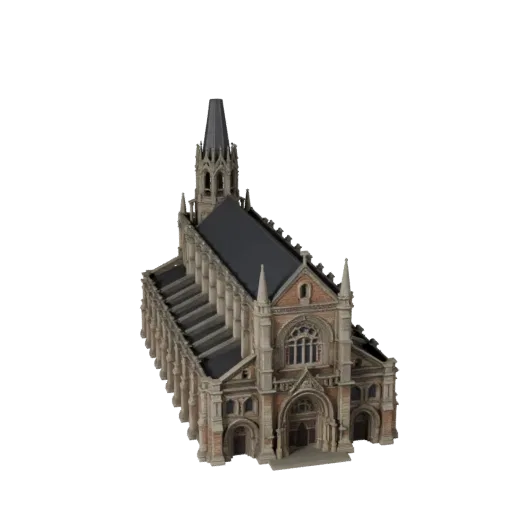 Modèle 3D de cathédrale prêt pour Unreal Engine, vue de l'Unreal Engine, montrant les matériaux de bâtiment public et les dét