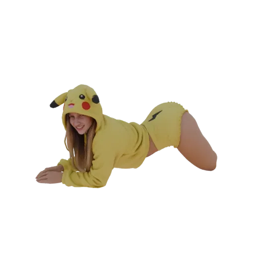 3D model of a person wearing a Pikachu kigurumi, posing playfully on all fours.