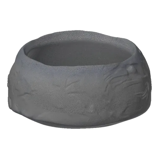 A 3D model of a grey bowl with a rough, textured exterior resembling natural rock.