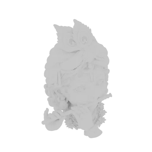 Render de modelo 3D de un busto blanco de Lord Krishna tocando una flauta, con plumas de pavo real en su cabello y una guirna