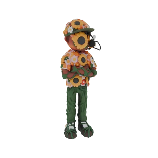 3D model of a claymation character wearing a sunflower-patterned shirt and cap, with green pants and arms crossed.