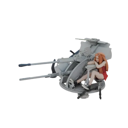 Modèle 3D d'une artilleuse assise sur un canon anti-aérien, avec des pièces mécaniques détaillées et un personnage stylisé.