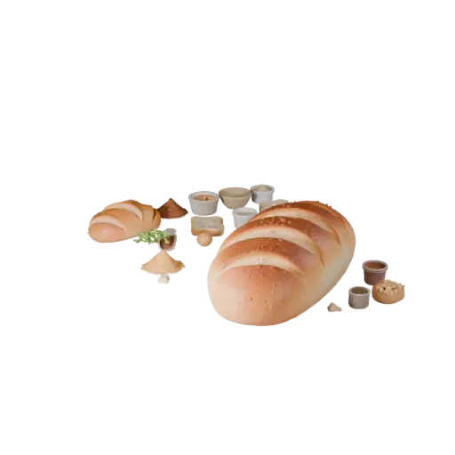 Bread Loaf Product Viz 3D model, three-quarter studio product render, showing powders, small ingredient shapes.