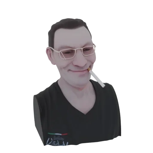 3D model of a man with glasses and a cigarette, wearing a dark shirt with a logo.