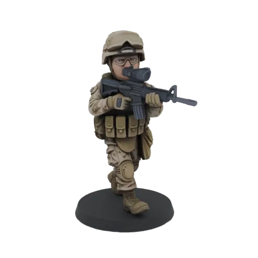 3D model of a modern soldier in tactical gear, holding an assault rifle, on a black base.