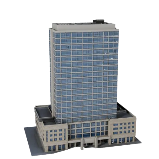 Office Tower printable STL 3D model, isometric display view, showing commercial office building materials and architectural detail