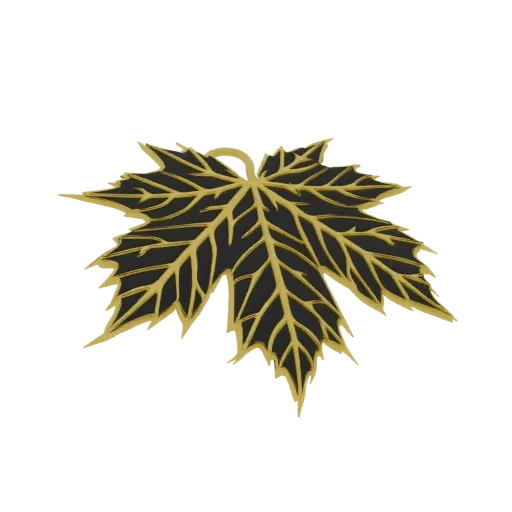 A 3D render of a black maple leaf with detailed, raised golden veins, set against a black background.