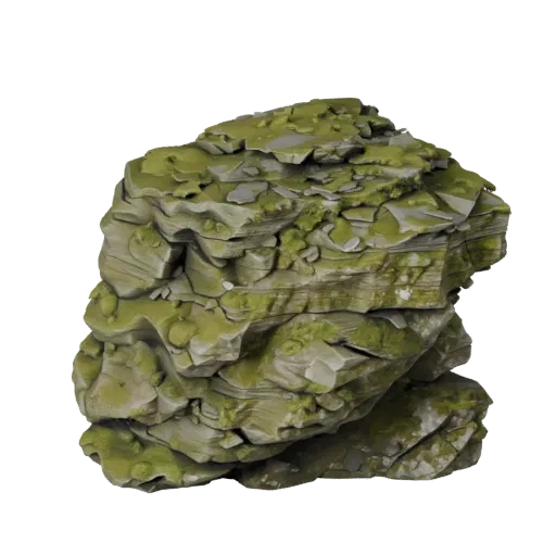 Mossy Stone Outcrop High Poly 3D model, close-up cinematic environment render, showing stratified stone, rock faces.
