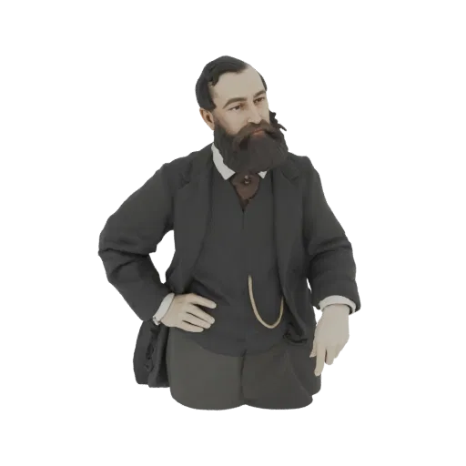 Render de modelo 3D de busto de caballero del siglo XIX, con traje oscuro, chaleco y barba completa.