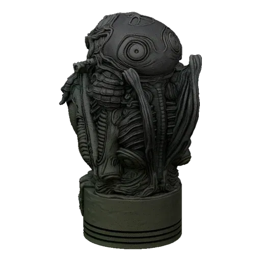 A dark, detailed 3D model of a Giger-esque alien creature bust with intricate biomechanical features, mounted on a cylindrica