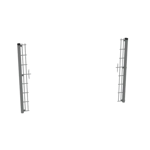 3D-Modell eines modernen Metallzauns mit integriertem Tor, zeigt graue metallische Gitterstruktur und sichtbaren Riegel.
