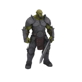 3D model of a green-skinned Orc Warrior in detailed grey plate armor, holding a sword, against a white background.