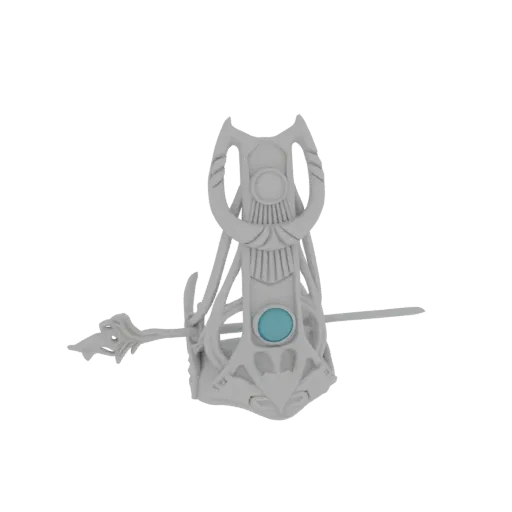 3D model of a grey, ornate scepter with a lyre-shaped top and a bright cyan gemstone, featuring a sharp blade extending from