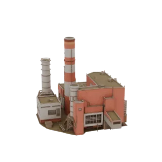 Modèle 3D d'une centrale électrique industrielle avec deux hautes cheminées, l'une rayée rouge et blanc, et un complexe de bâ