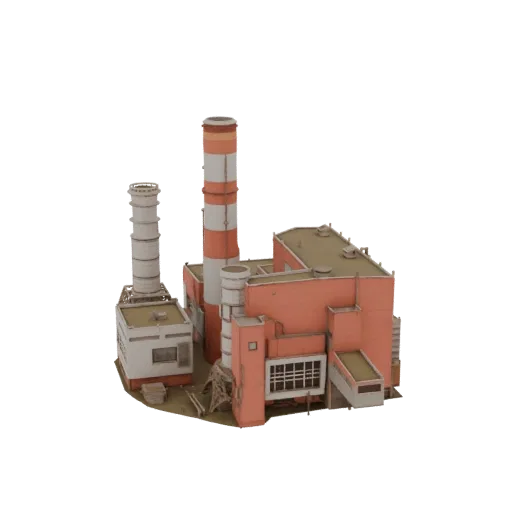 3D model of an industrial power plant with two tall chimneys, one red and white striped, and a complex of orange buildings wi