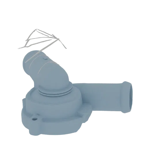 A 3D render of a light blue automotive water pump housing with intricate details and a smooth finish.