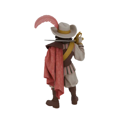 Rear view of a 3D model of a Musketeer, wearing a feathered hat, red cape, and holding a sword.