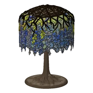 3D model of a Tiffany Studios Wisteria Table Lamp with a stained glass shade depicting blue and purple wisteria flowers and a