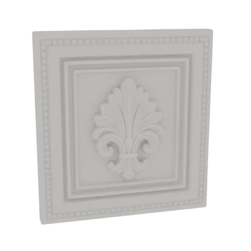 3D model of a white, square ceiling medallion with a raised Fleur-de-lis design in the center and beaded borders.