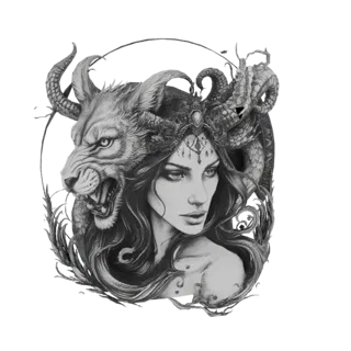 3D model of a fierce warrior woman with a lion's head and a dragon coiled around her headdress, rendered in grayscale.
