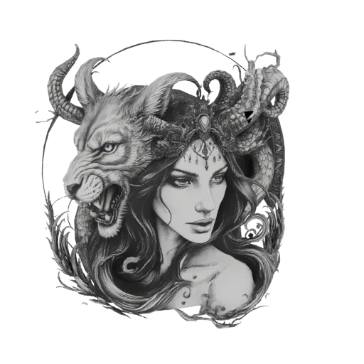 3D model of a fierce warrior woman with a lion's head and a dragon coiled around her headdress, rendered in grayscale.