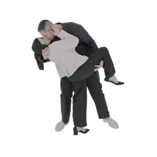 Modelo 3D de um homem segurando uma mulher em uma pose apaixonada de beijo, com as pernas da mulher levantadas.