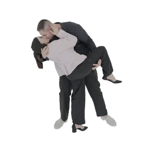 3D model of a man holding a woman in a passionate kissing pose, with the woman's legs lifted.