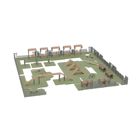 Modelo 3D de um circuito de agility para cães em miniatura com túneis, saltos, pistas de slalom e base de terreno gramado.