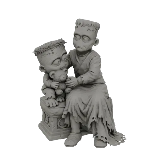 3D model of Frankenstein's Monster tenderly holding a child and a teddy bear, with detailed stitches and tattered clothing.