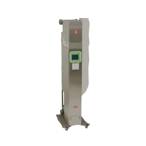 3D model of an industrial stainless steel air purifier unit with a green digital display and green connectors, shown against