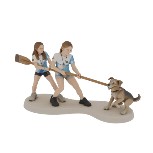 3D model of two girls and a dog playing tug-of-war with a wooden stick, standing on a base.