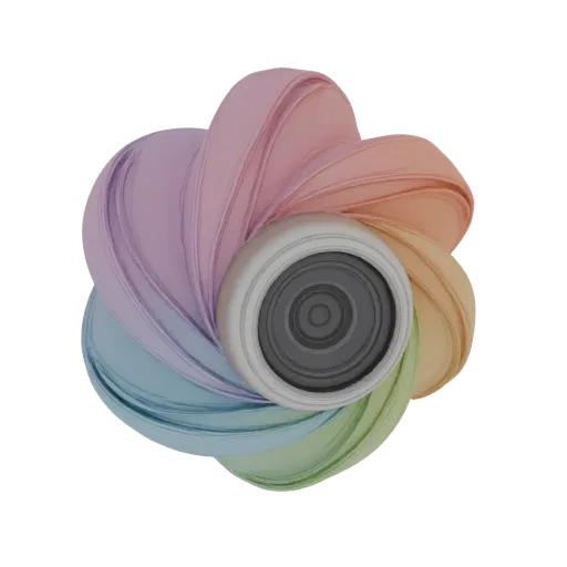 3D model of an abstract camera lens with swirling pastel petals, set against a black background.